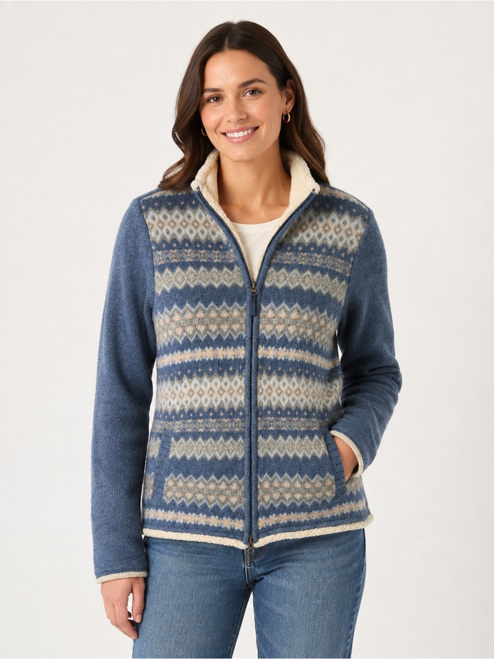 L.L. Bean Women’s Blue Fair Isle Sherpa Lined Zip Jacket Size Large
